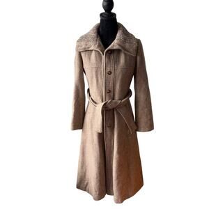 Vintage 1970s Jill Jr. Wool‎ Belted Maxi Coat with Knit Collar Taupe Flaw XS/S